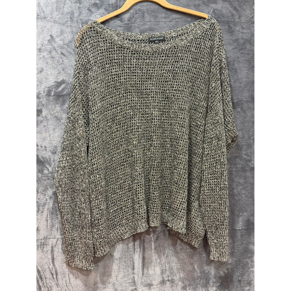 Eileen Fisher Sweater Womens Grey Linen Wool Open Knit Boxy Boat Neck Top XL